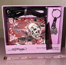 Ed Hardy Micro Organizer Crossbody Key Ring Skull Rose Tattoo Pink Red NIB