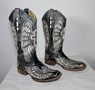 Corral A1019 Black Distressed Leather Cross & Wings Western Boots Size 9 M