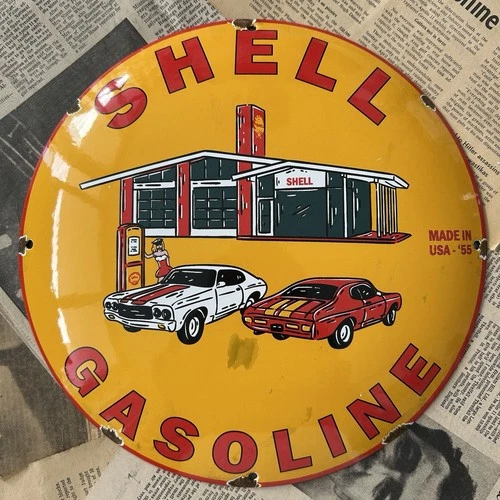VINTAGE 1955 SHELL GASOLINE STATION 12 INCH CONVEX PORCELAIN ENAMEL SIGN