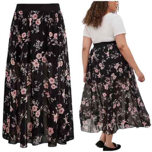 Torrid NWT Maxi Skirt with Undershorts Chiffon Floral Black Pink Size 0X (12/L)