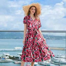 Plus Size Belted Surplice Short Sleeve Midi V-neck Floral Summer Dress
