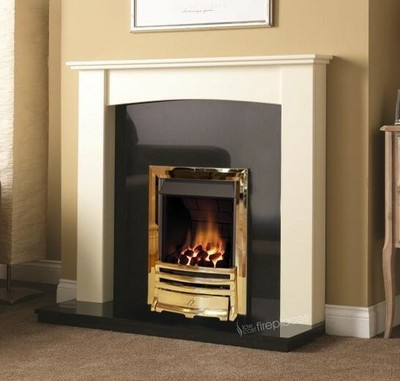 Gas White Surround Wall Black Granite Brass Fire Coal Fireplace