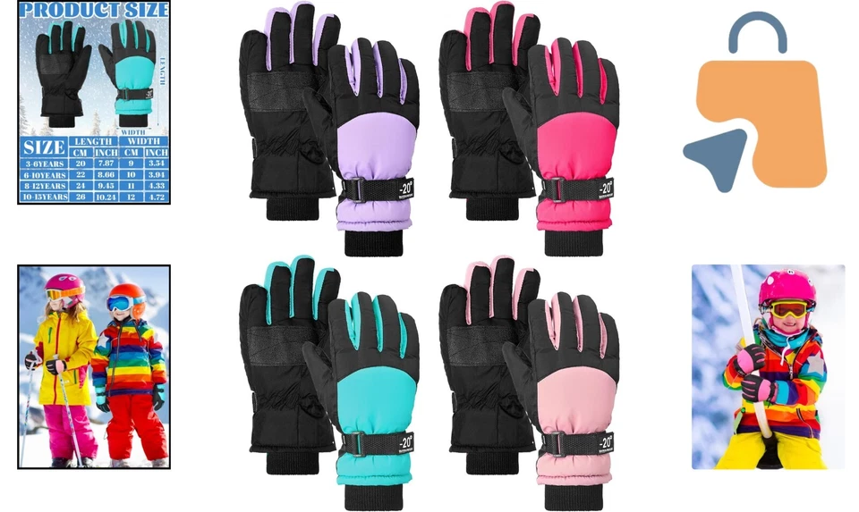 Guantes de esquí impermeables duraderos para niños - 4 pares de equipo de camuflaje de felpa cálida Foto 2 de 4
