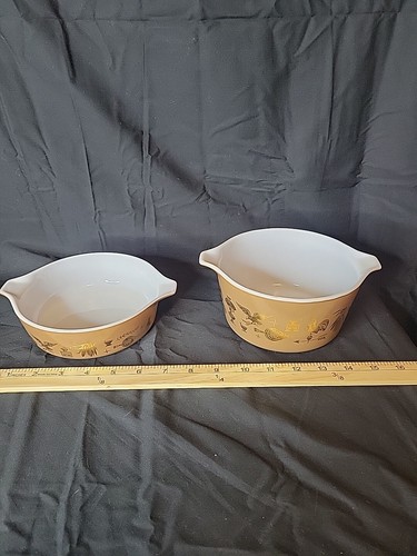 Vintage Pyrex USA Early America 473 1 Qt And 471 1 Pt Brown w/Gold Fill