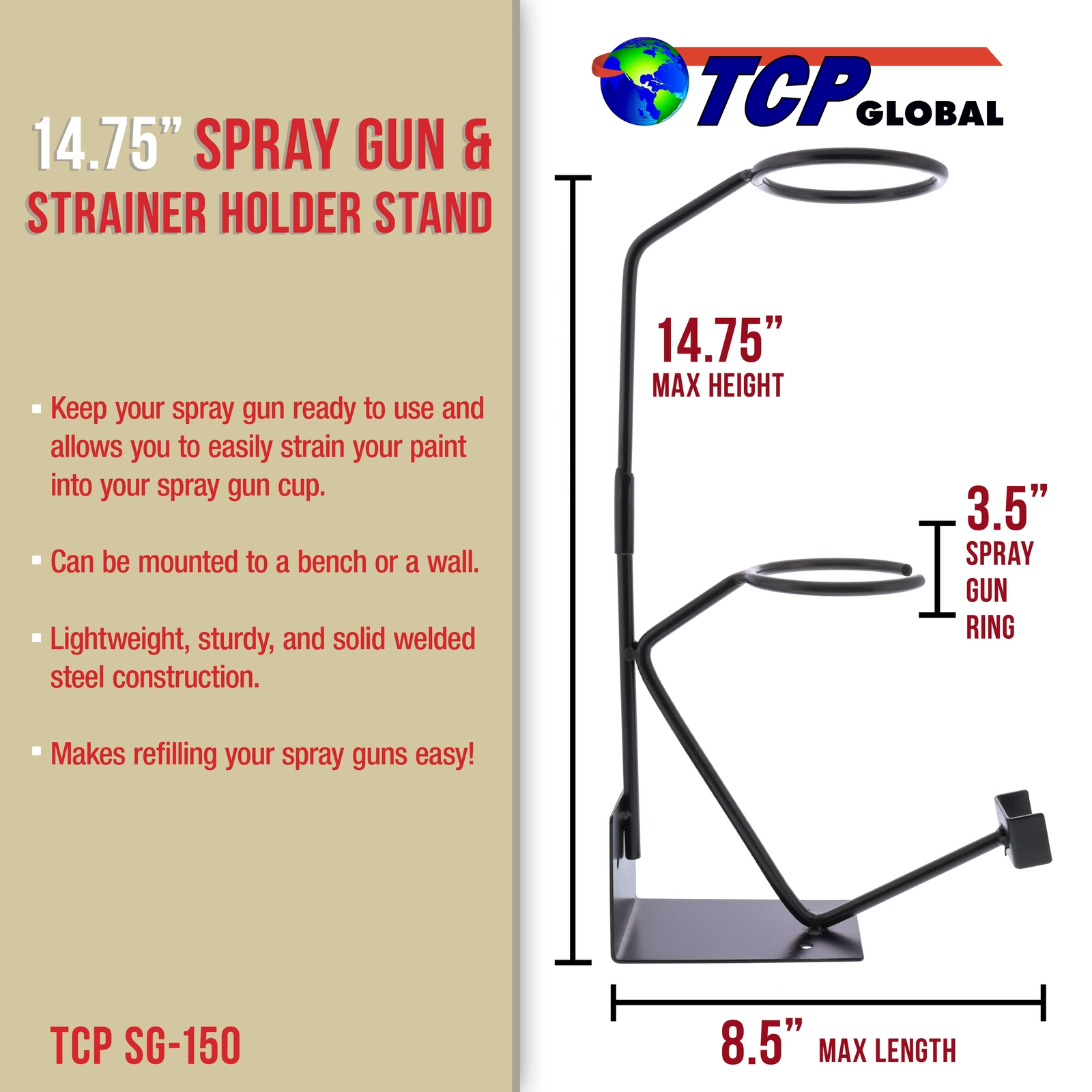 Gravity Feed Paint Spray Gun Stand with Strainer Holder HVLP Wall or Bench Mount