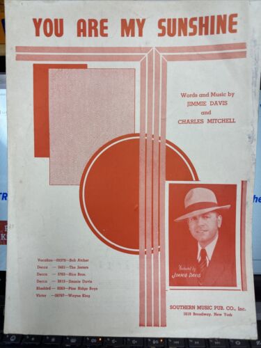 1941 Early Country Sheet Music JIMMIE DAVIS tune YOU ARE MY SUNSHINE - Picture 1 of 1