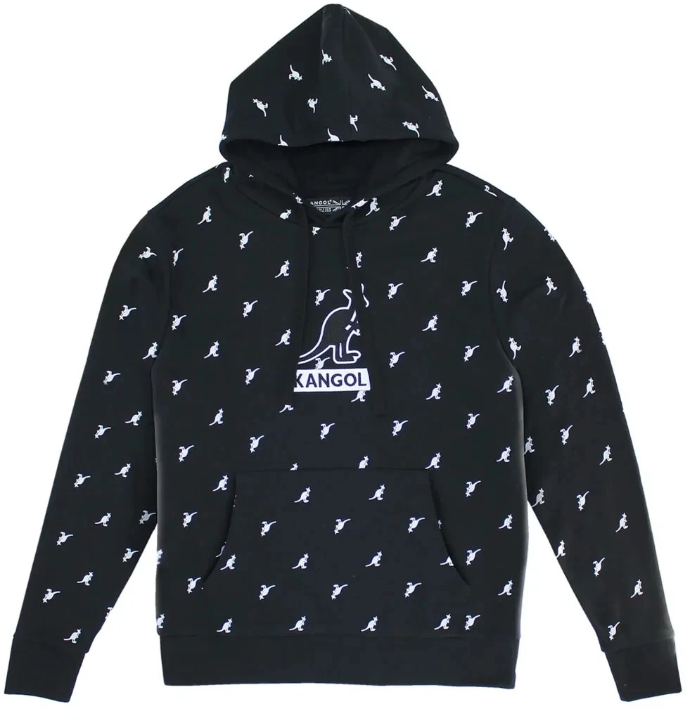 Kangol Men’s Allover Kangaroo Logo Hoodie Black Pullover Hooded Sweatshirt