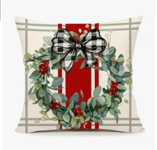 WREATH RED GRAY BLACK PLAID Christmas Throw Pillow Cover Winter Holiday Decor