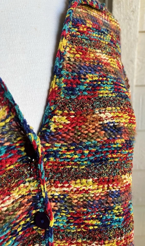 Vintage 90s Funky Rainbow Hand Knit Multicolor Cardigan Sweater Boho Cottagecore - Image 4 of 4