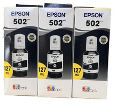 3 NIB Epson 502 Black EcoTank Ink Bottles  127ml, Genuine OEM, Sealed.