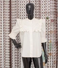 By Malene Birger Women's Beige Oia Ruffled Puff-Sleeve Shirt Curved Hem 38 M