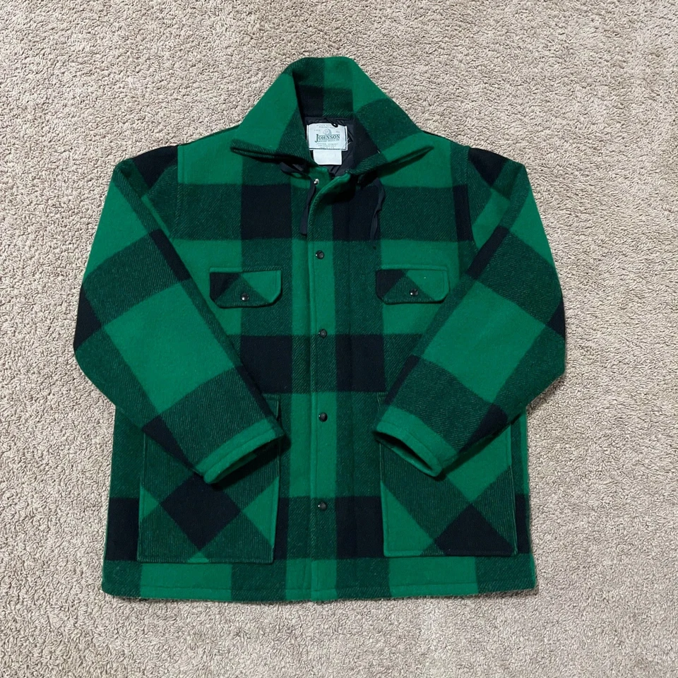 VTG Johnson Woolen Mills Jacket Mens 3XL Green Black Mackinaw Buffalo Plaid Wool - Image 2 of 4