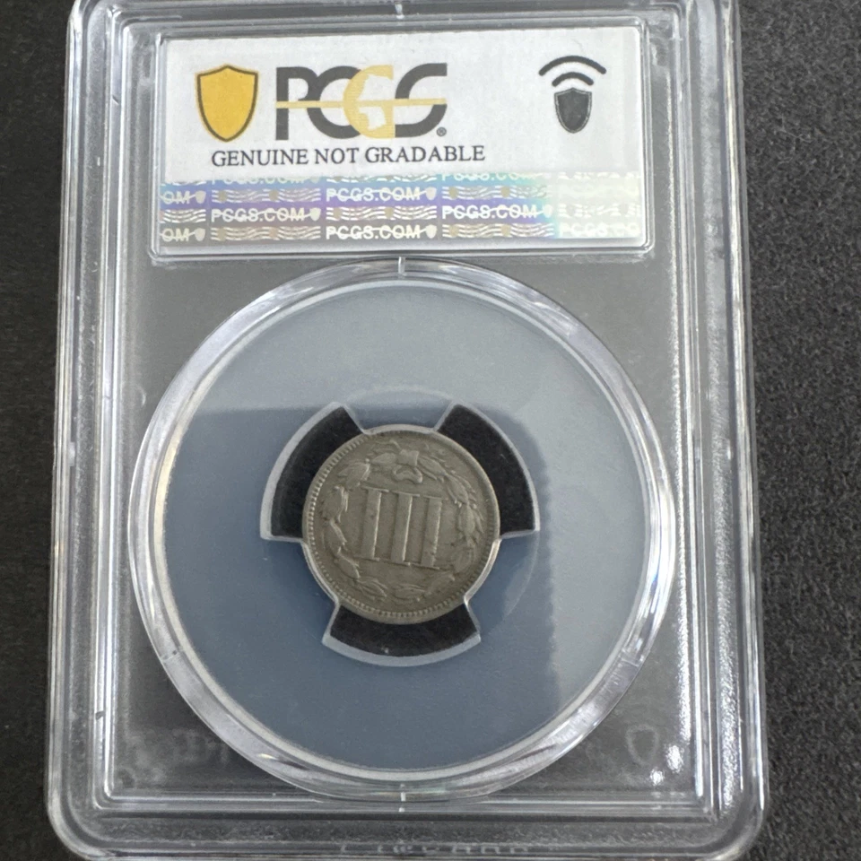 1865 3 Cent Nickel PCGS GENUINE CLEANED- F Details Obverse Lamination Mint Error - Image 2 of 4