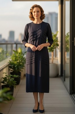 Vtg 40-50s Max Kopp Navy Rayon Crepe Cocktail Dress W30