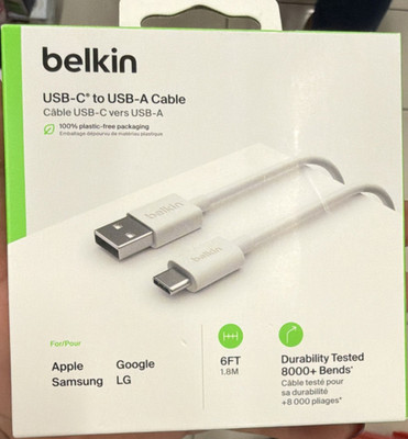 Belkin USB-C to USB-A Cable 6FT White Durable Flexible For Apple Samsung Google