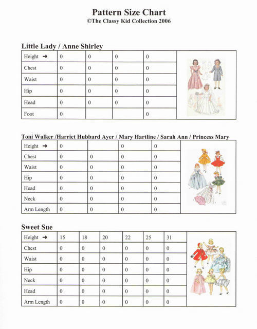 Sewing Pattern Size Chart