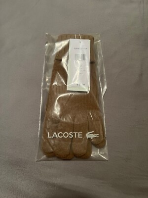 NWT LACOSTE Mens Gloves Mitten Brown 100% Wool Croc Logo RV045251SIX Knit Size M