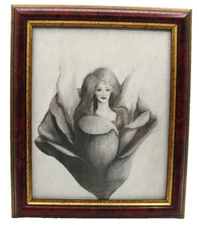 Angel Lady in Lotus Flower Floral Pencil Art Drawing Sketch Signed Frame 10x12"