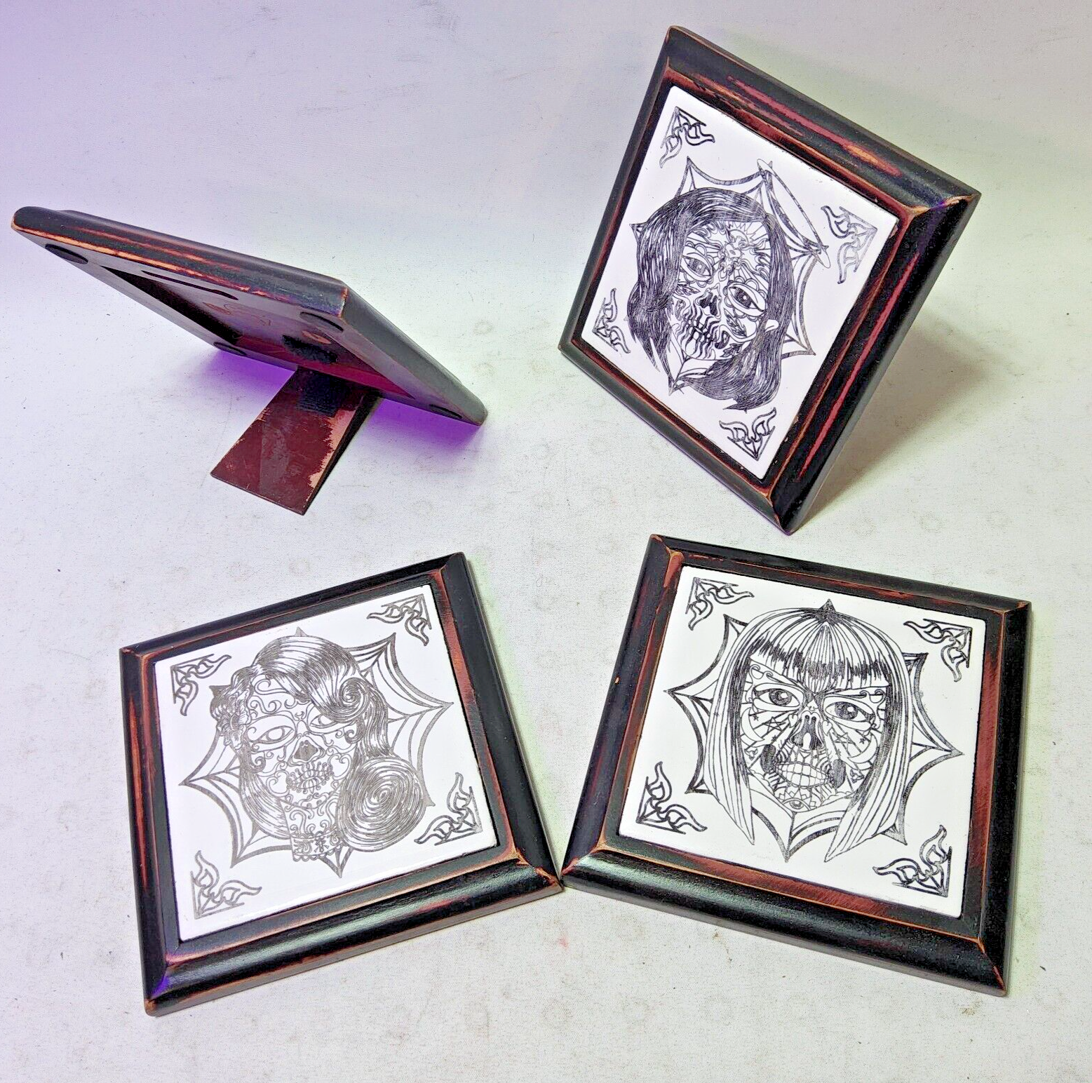 4 Laser etched sugarskull tiles digital wall art 5.5x5.5 framed coasters display