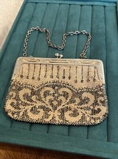 Antique 1920s Glass Beaded Victorian Purse Handbag Ornate Metal Frame ENGRAVED