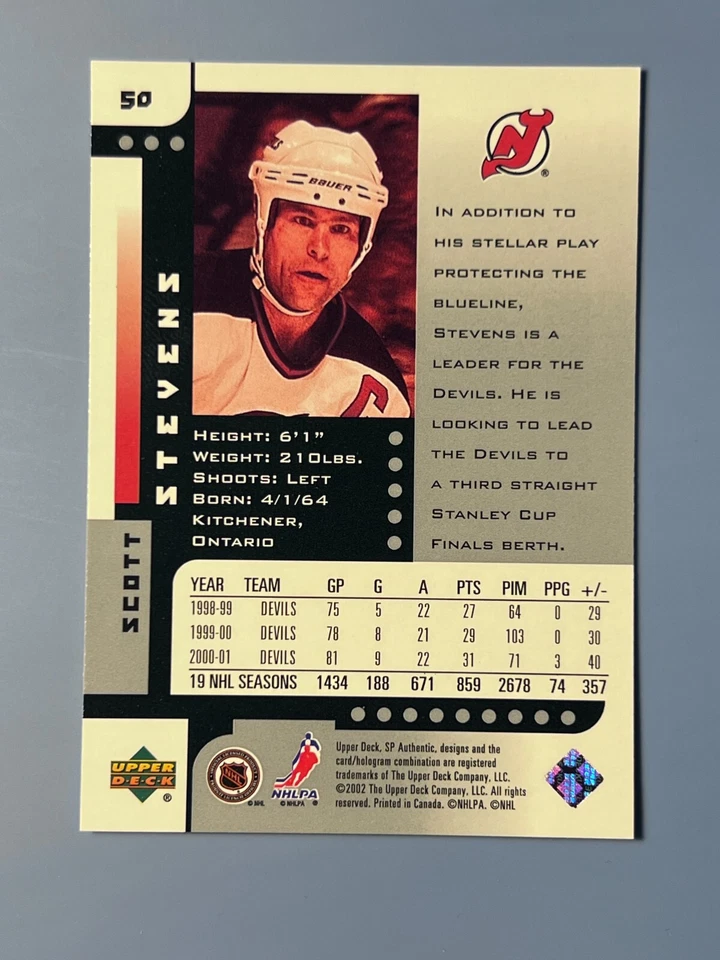 2001-02 SP AUTHENTIC SCOTT STEVENS #50 NEW JERSEY DEVILS HOF - Image 2 of 2