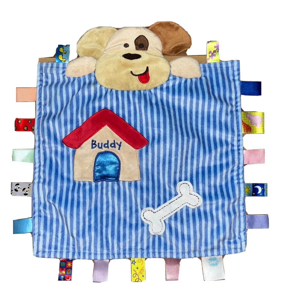 Taggies Peek A Boo Buddy Puppy Dog Baby Blanket Blue Stripe Bone Security Lovey
