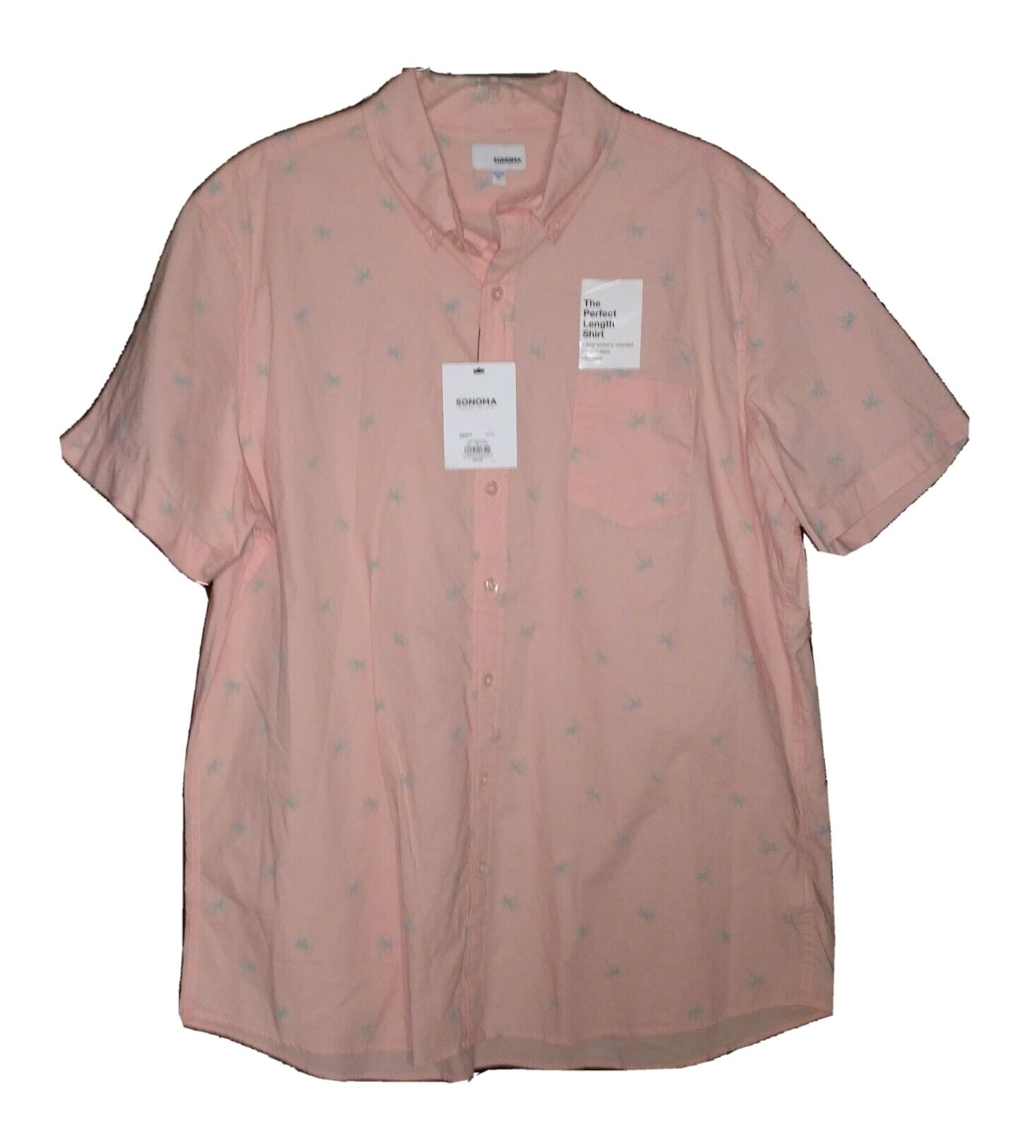 Sonoma Men's The Perfect Length Short Sleeve Shirt XL Peach Palm Tree Stretch