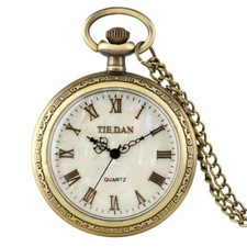 Retro Mens Pocket Watch Unique Shell Dial Open Face Quartz Chain Christmas Gifts