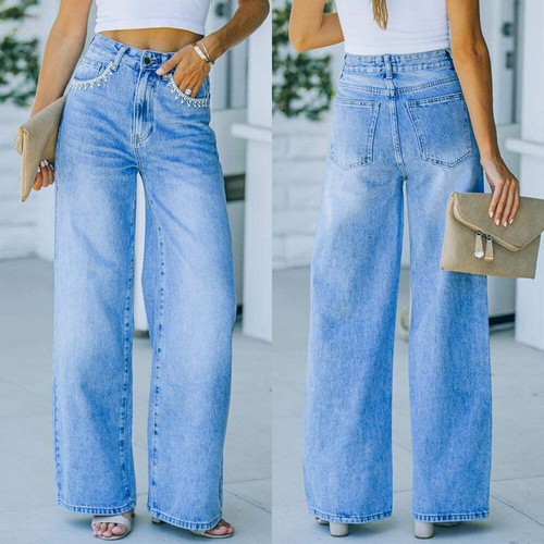 Womens Denim Trousers Wide Leg Pants Loose Fit Jeans for Women Mid Waist Jeans D - Picture 4 of 7