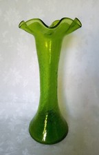Crackle Glass Vase, Green, With Flared Base & Wide Ruffled Rim 29.5cm Tall