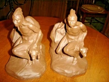 Antique Pair Spelter Bookends ~ Indian Scout w/Dog Painted brown  Full Body  873
