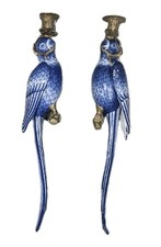 Pair of blue porcelain parrot wall sconces lights bronze mounts
