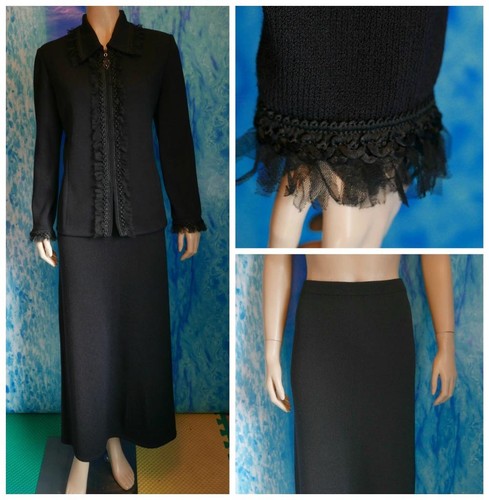 St. John, St. John Collection Knits Black Jacket Skirt L 10 12 2pc Suit Fringes Trims