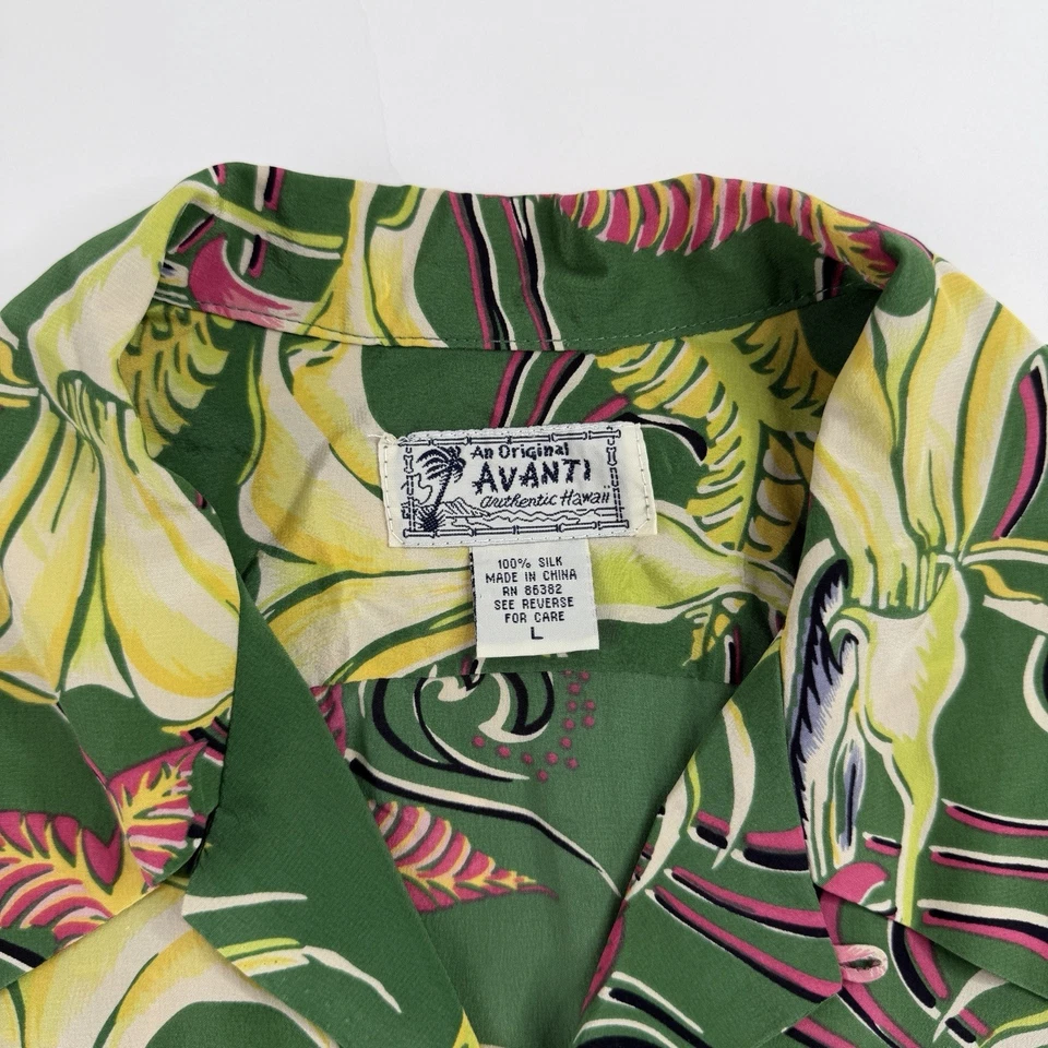 Camisa havaiana Avanti seda aloha verde amarela floral tamanho grande Luau havaiana hula - Imagem 3 de 4