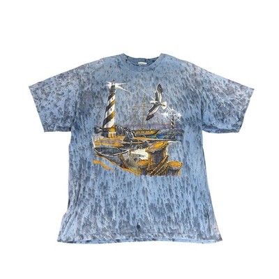 Vintage Nautical Lighthouse Seagull Graphic T-Shirt Blue Tie Dye Mens XL AOP