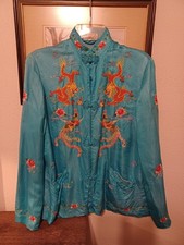 Vintage GOLDEN BEE Women's Mandarin Kimono Blouse Dragon embroidered blue - LRG