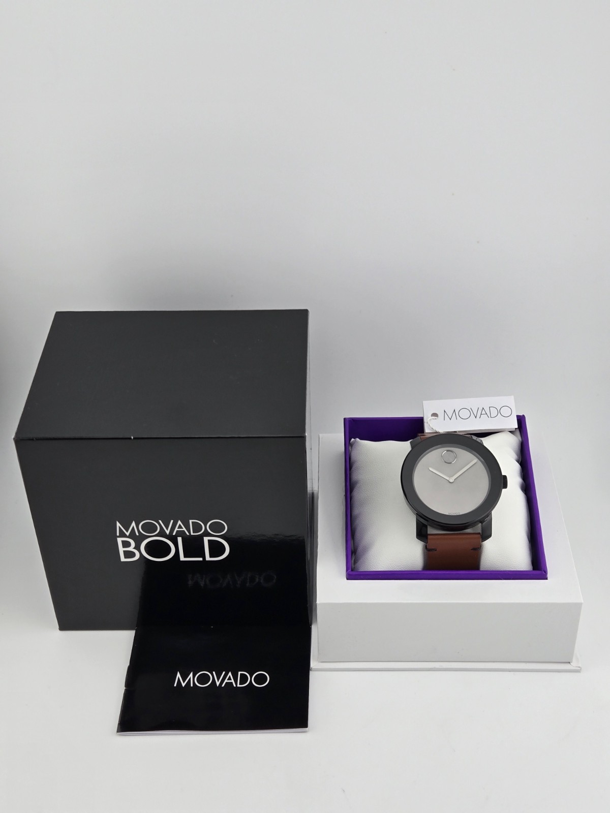 $495 MSRP | Movado Bold Men’s Gray Dial Brown Leather Watch - 3600442