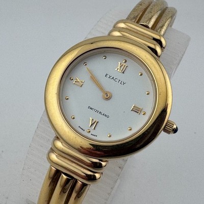 Vintage Exactly Swiss Quartz Watch Women 29mm Gold Tone Cuff Bangle New Battery