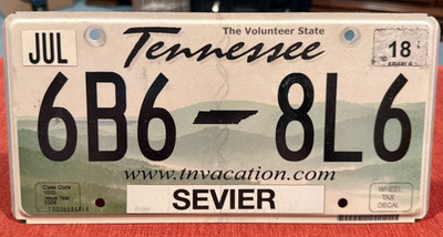 Tennessee TN JUL 2018 SEVIER 6B6 8L6 License Plate Tag