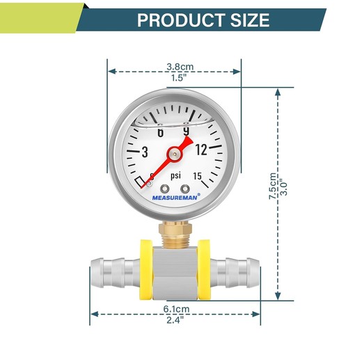 MEASUREMAN 0-15 Psi Glycerin Filled Fuel Pressure Gauge, 1.5” Dial, 0-15psi - Picture 4 of 7
