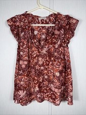 Ulla Johnson Top Size 8 Red Floral Ruffle Peasant V-Neck Tie Cotton Blend