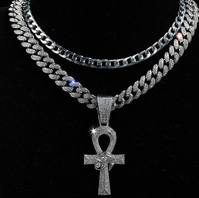 Men' Egyptian Ankh Cuban Link Chain - Full Moissanite-Studded Ancient Symbol
