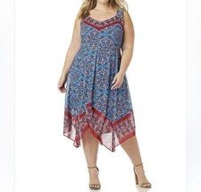 Catherines Georgette Blue Red Mandala Sleeveless Boho Handkerchief Hem Dress 2X