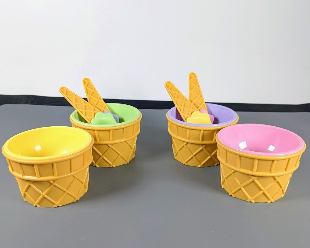 Vintage AVON Sweet Scoops - Ice Cream Cone Bowl Set- 4 Bowls & 4 Matching Spoons