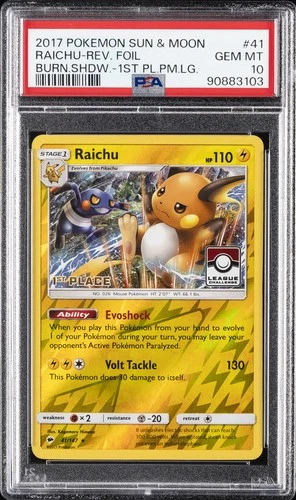 2017 POKEMON SUN & MOON BURNING SHADOWS #41 RAICHU-REVERSE FOIL PSA 10