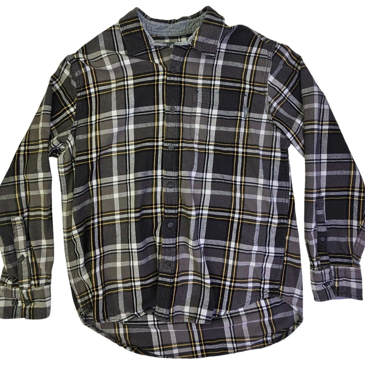Eddie Bauer Mens Plaid Flannel Shirt Black Grey Yellow EMT13795 L Long Sleeve