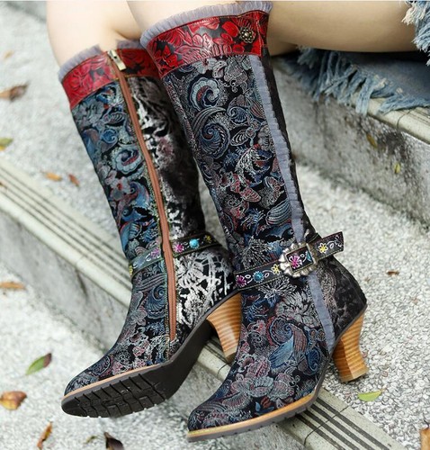 Womens manual Floral Splicing Palace style printing zipper Knee-High Boots shoes - Picture 3 of 10