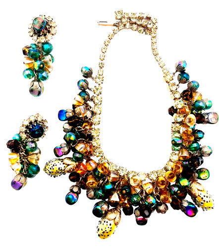 RARE HOBE Signed Glass Bead, "Pepper" Faux Pearl Drops Necklace & Drop Earrings