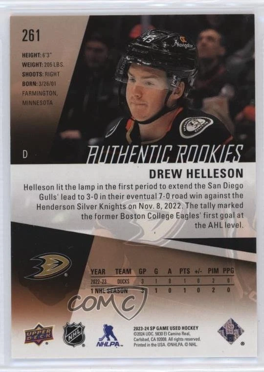 2023-24 SP Game Used Authentic Rookies Bronze /265 Drew Helleson #261 Rookie RC - Image 2 of 2