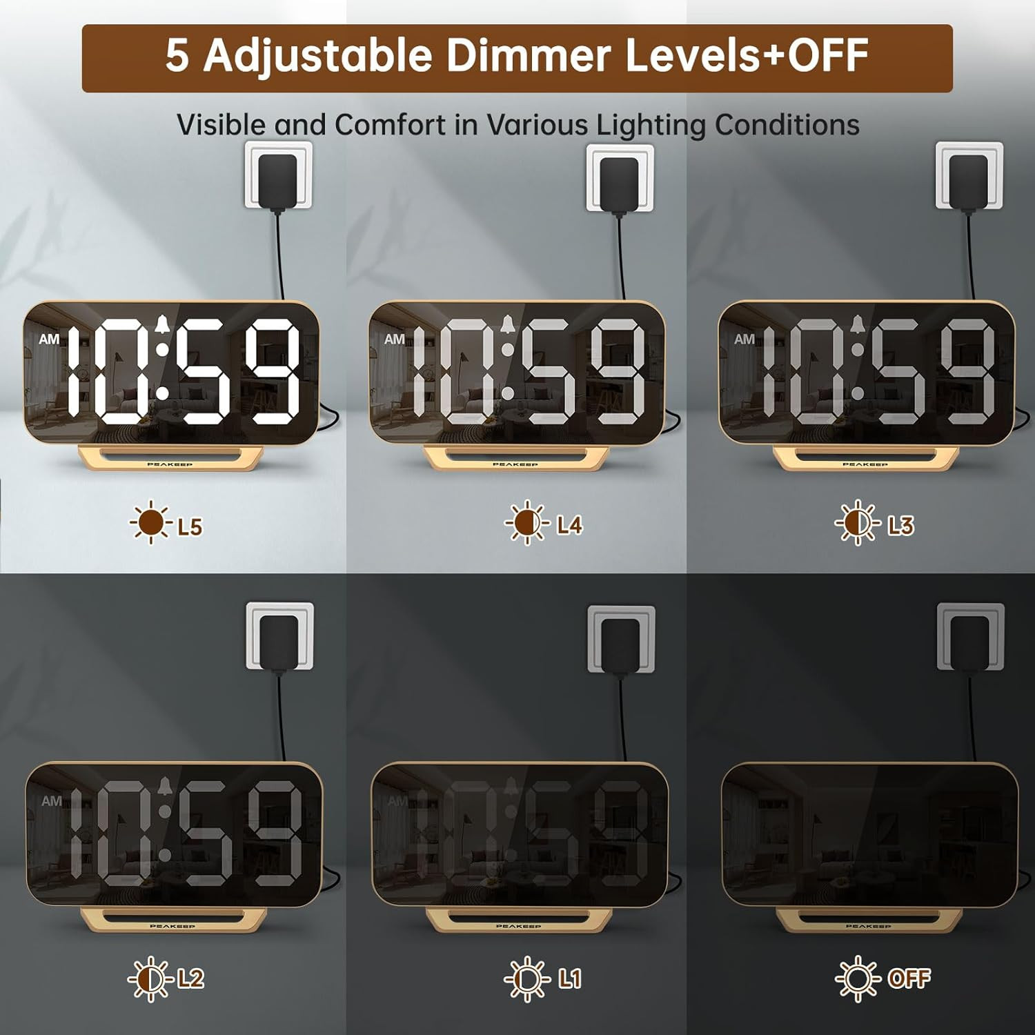 Peakeep Slim Digital Mirror Aesthetic Alarm Clock for Bedrooms Desk Decor - Plug